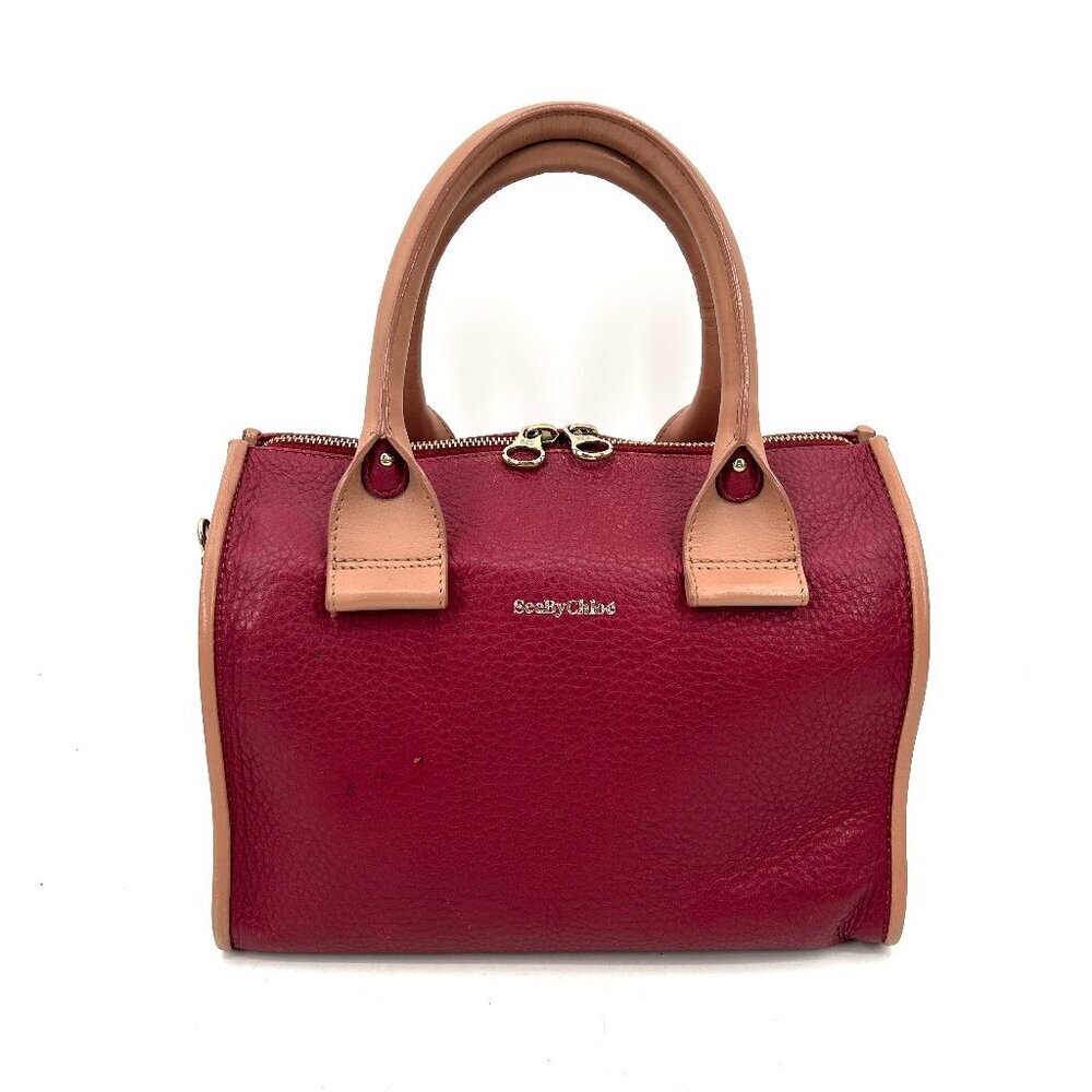 SEE BY CHLOE Burgundy Tan Pebbled Leather Luxury Designer Handbag Purse